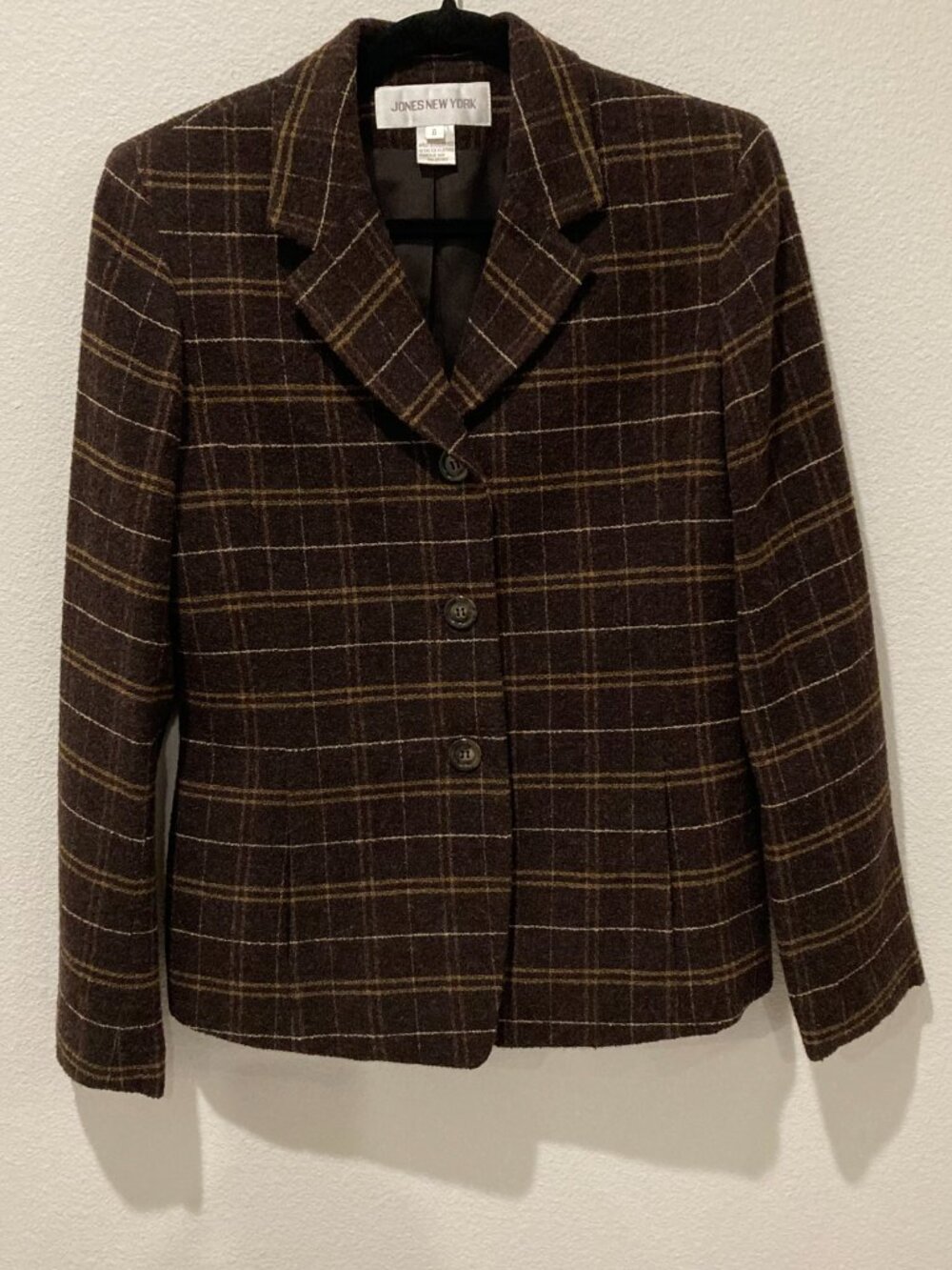 Jones New York Brown Wool Blend Plaid Check Blazer Jacket 6